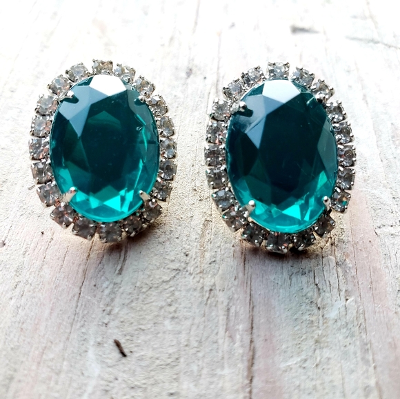 Vintage Aquamarine and Clear Rhinestone Earrings - Picture 5 of 5
